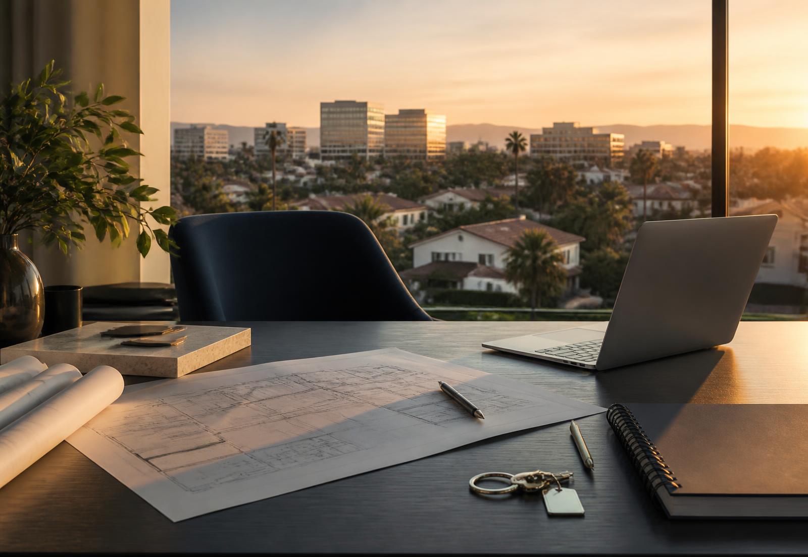Consulting workspace with property plans, a notebook, keys, and a laptop overlooking Southern California neighborhoods at sunset